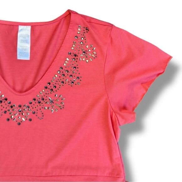 Avon Watermelon Pink Flutter Sleeve Studded Embellished Peplum Tunic Sz XL - Picture 4 of 9